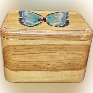 Vintage Wooden Box With Hand Painted Blue Butterfly Design